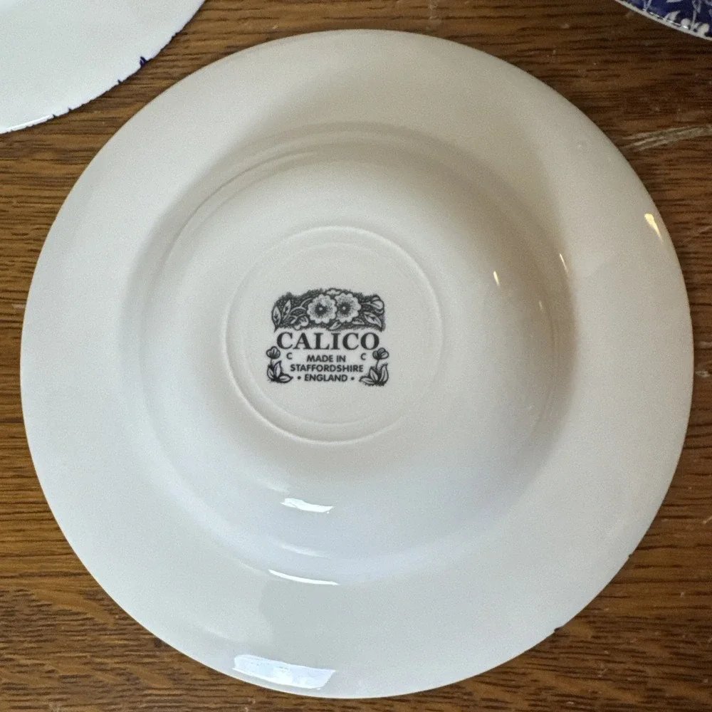 Staffordshire Blue Calico Chintz Floral Flat Rimmed Soup Bowl, 9